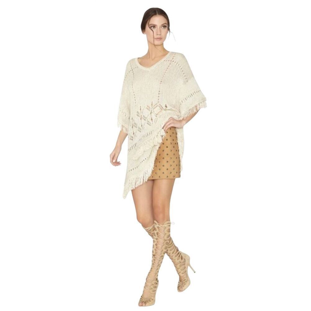 Alice + Olivia Sweater Size Small Fringe Boho Linen Blend Cream Oversized